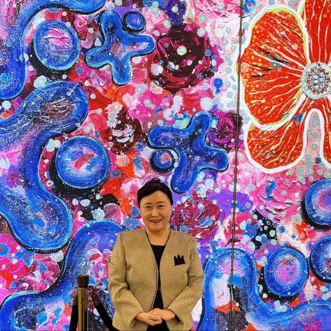 Kristin Sue Kim at Agora Gallery with digital artwork display