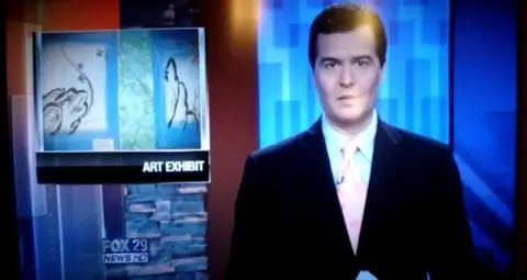 Television news still covering a Kristin Sue Kim exhibition